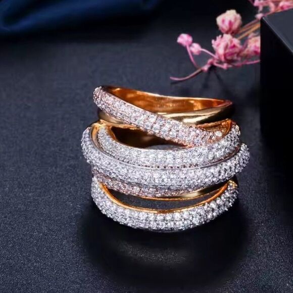 Tri color Wide Multi Pave Overlap Chucky Gold Plated Stackable cocktail ring - Picture 5 of 7